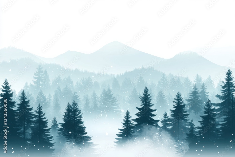 Fototapeta premium A tranquil misty forest with snow falling among the trees