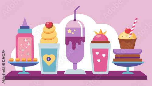 A variety of sauces and syrups labeled with creative names like Unicorn Magic and Berry Blast at the sundae bar adding a touch of whimsy to the. Vector illustration