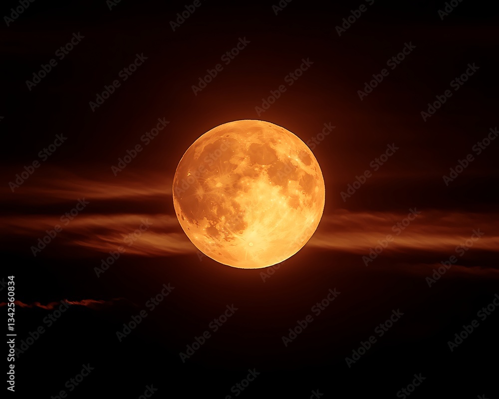Obraz premium Orange moon in dark sky with dramatic clouds, night sky