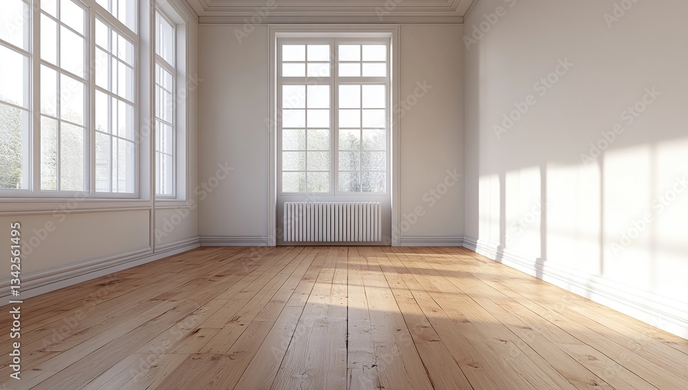 Empty Room Sunlight Wooden Floor 3D Render Empty Room Sunlight Wooden Floor 3D Render