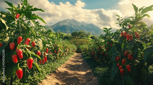 Sunlit path through vibrant red pepper plants in a mountain valley.