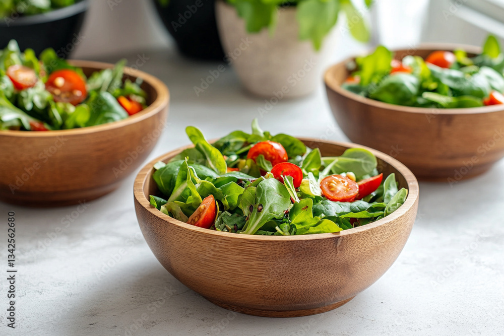 Freshly prepared salad bowls with greens and cherry tomatoes in a cozy kitchen setting during daylight Freshly prepared salad bowls with greens and cherry tomatoes in a cozy kitchen setting during daylight