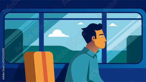 A commuter stands at the window of the bus gazing out at the passing scenery and allowing themselves a moment of relaxation before the busy work day.. Vector illustration