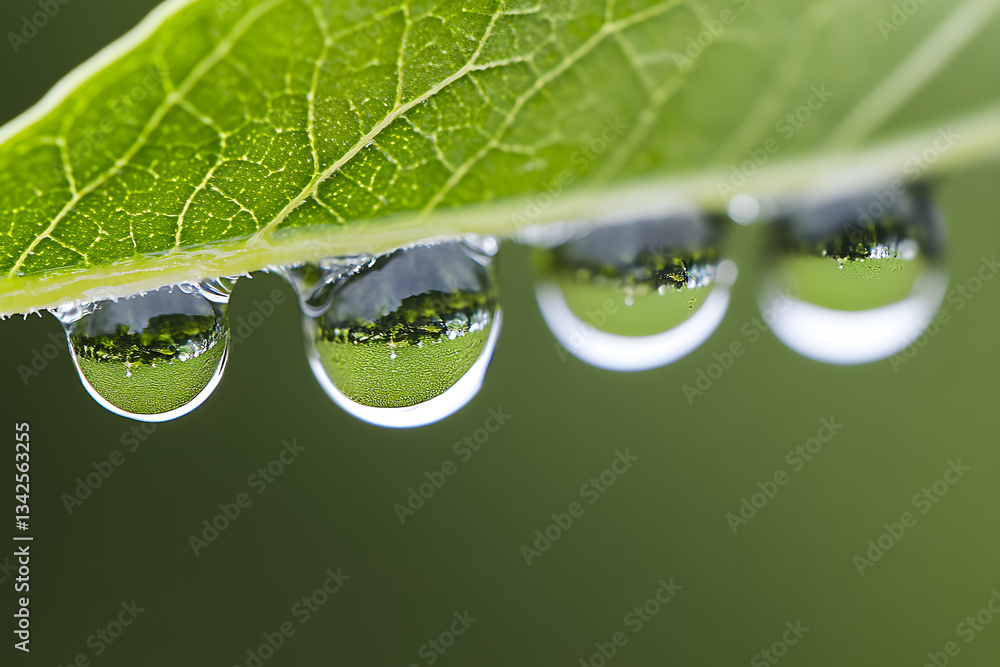 Fototapeta premium Leaf's Dewdrop Reflections: Nature's Art