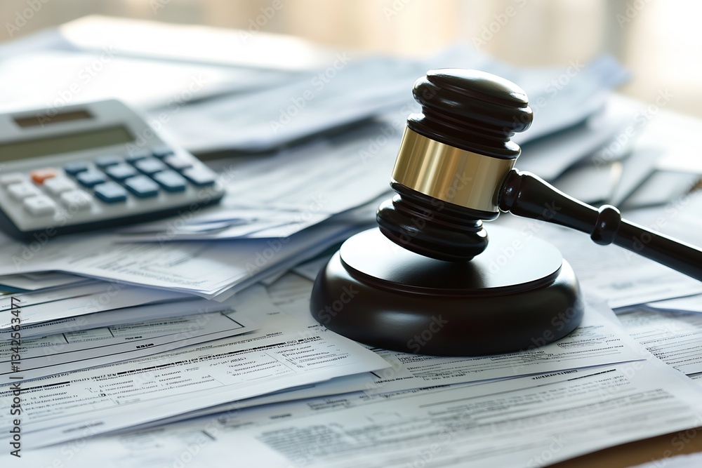 Gavel positioned on documents and calculator representing justice and financial review in a legal context : Generative AI Gavel positioned on documents and calculator representing justice and financial review in a legal context : Generative AI