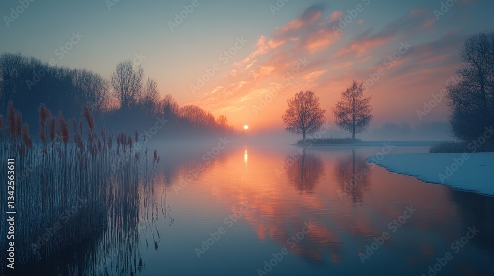 Obraz premium Serene Sunrise over Misty Lake with Reflections