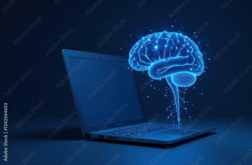 custom made wallpaper toronto digitalIntegration of artificial intelligence into computer technologies. Brain and laptop. Polygonal design of interconnected lines and points. Blue background