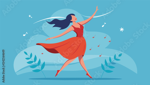 A dancer gracefully moving to a beautiful ballad her movements expressing the emotional journey she has been on. The music allows her to communicate her inner struggles in a. Vector illustration