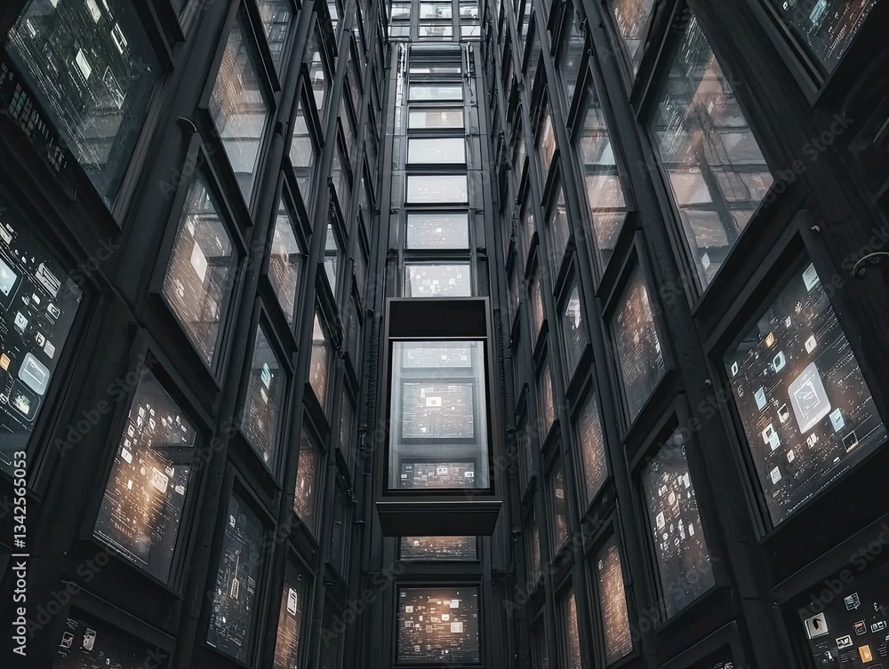 Elevator car suspended in a skyscraper of screens, each floor representing a different social media platform. Elevator car suspended in a skyscraper of screens, each floor representing a different social media platform.