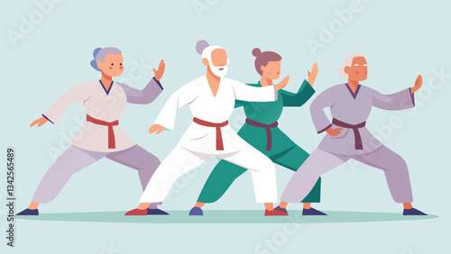 A group of seniors dressed in traditional martial arts uniforms perform a synchronized karate routine with strength and precision defying any stereotypes of aging.. Vector illustration