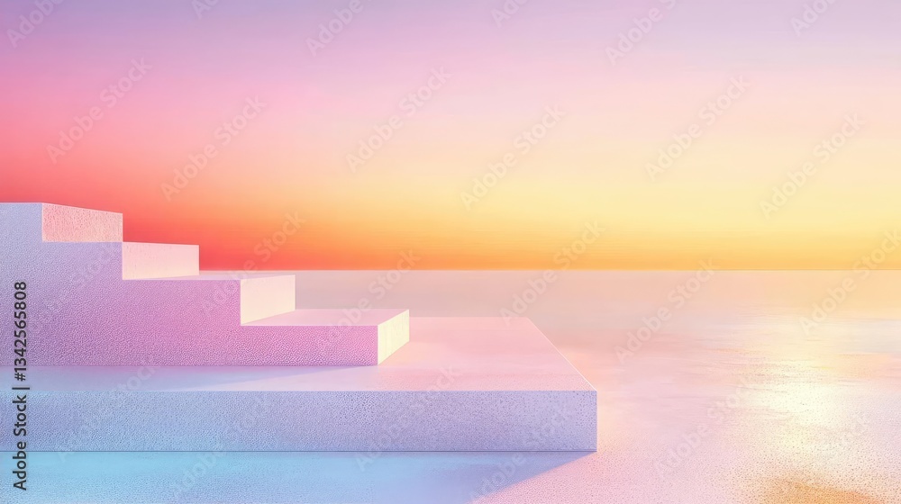 Fototapeta premium Peaceful Pastel Staircase Leading to Tranquil Ocean at Sunset with Gradient Sky