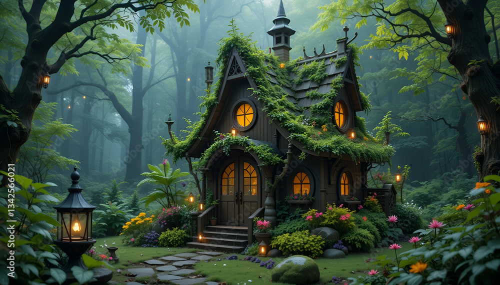 Obraz premium A charming fairy house made of natural materials, hidden in a vibrant forest, surrounded by greenery and blooming flowers.