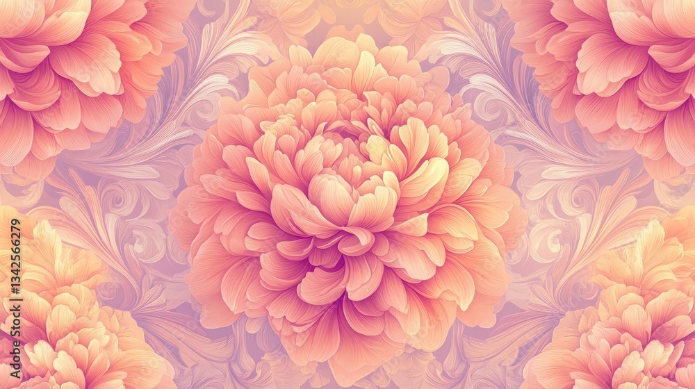 Peach and Pink Flower Seamless Pattern with Ornate Damask Background Peach and Pink Flower Seamless Pattern with Ornate Damask Background