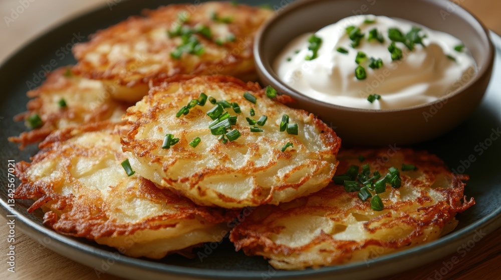 Golden potato latkes, crispy and golden, served with tangy sour cream for dipping, a classic comfort food that warms the soul and satisfies the taste buds. Golden potato latkes, crispy and golden, served with tangy sour cream for dipping, a classic comfort food that warms the soul and satisfies the taste buds.