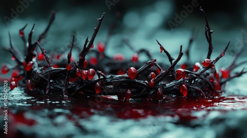 A crown woven from thorny vines, its branches adorned with ruby drops of blood, a symbol of sacrifice and pain.