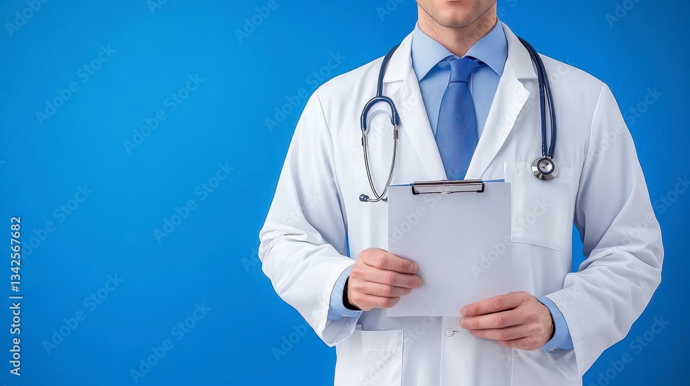 Medical Professional Holding Clipboard in Blue Background Setting Medical Professional Holding Clipboard in Blue Background Setting