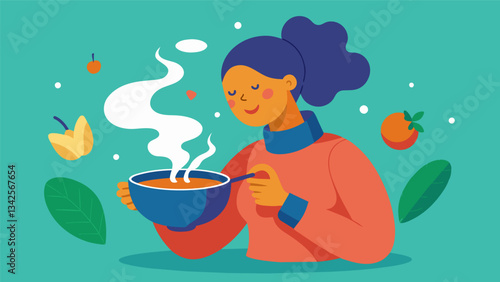 A person mindfully eats a bowl of soup paying attention to the temperature aroma and flavors with each sful.. Vector illustration