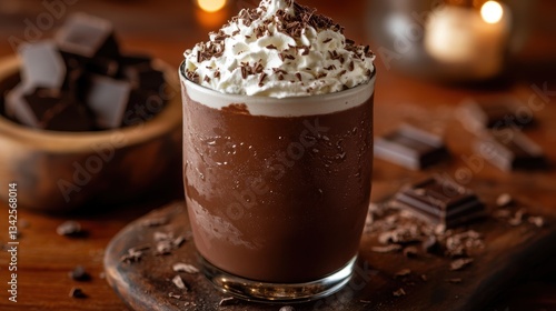 A rich, dark chocolate concoction, garnished with whipped cream and a chocolate shavings, promising a decadent experience.