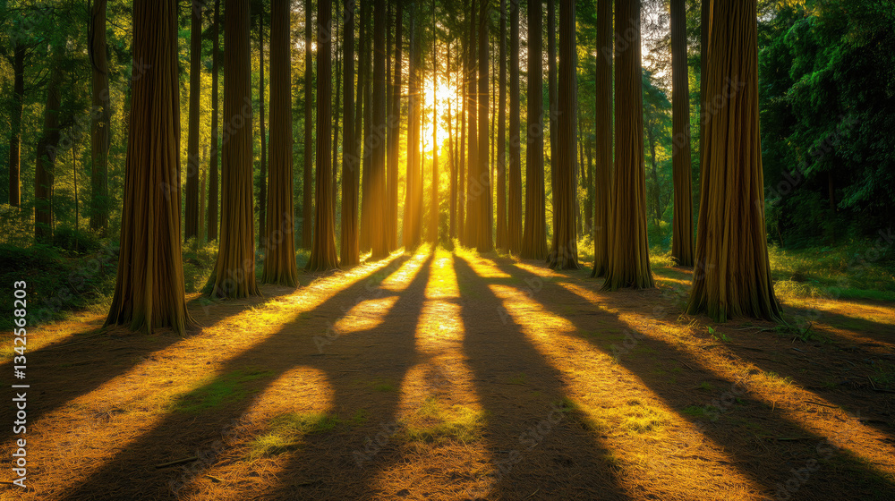 Fototapeta premium Sunny Forest with Tall, Straight Trees Casting Long Shadows, Featuring a Natural Forest Floor Space Perfect for Adding Promotional Text