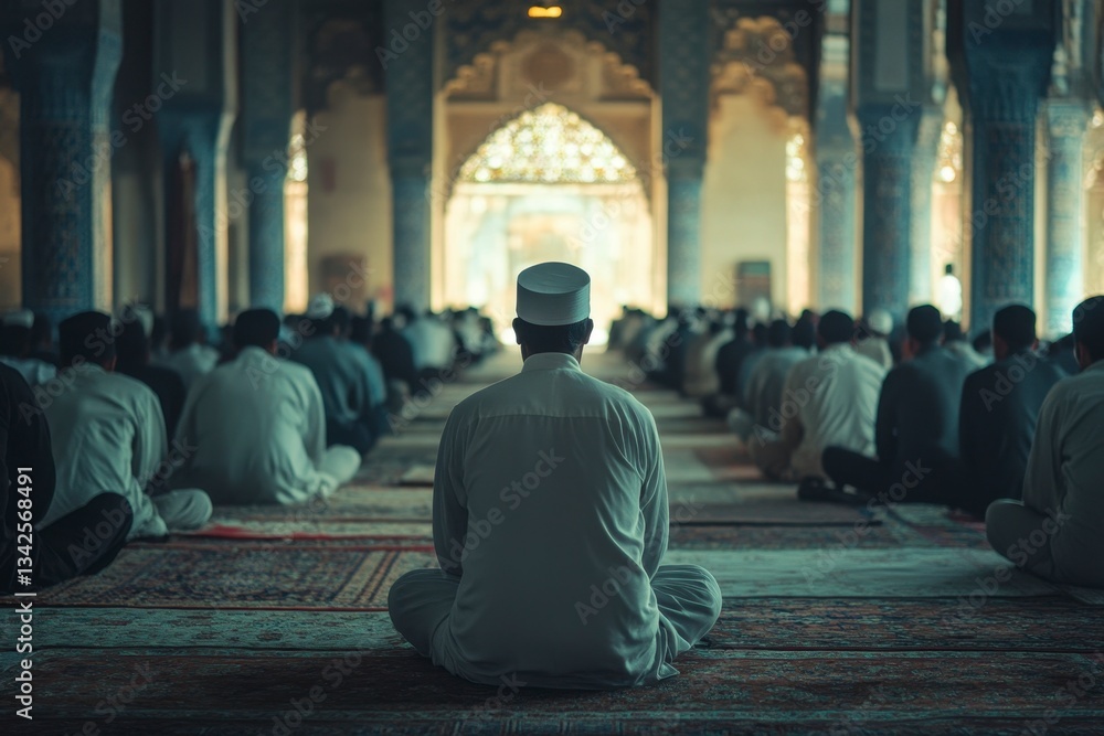 Muslim worshippers sit in rows during prayer in mosque interior Muslim worshippers sit in rows during prayer in mosque interior