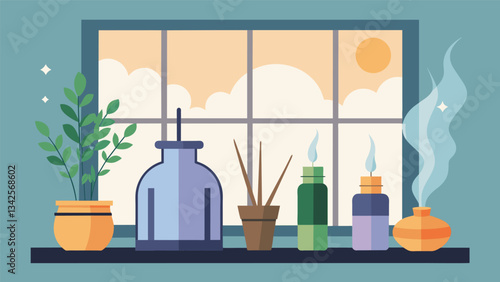 A collection of essential oils and a diffuser on the windowsill filling the space with soothing scents.. Vector illustration
