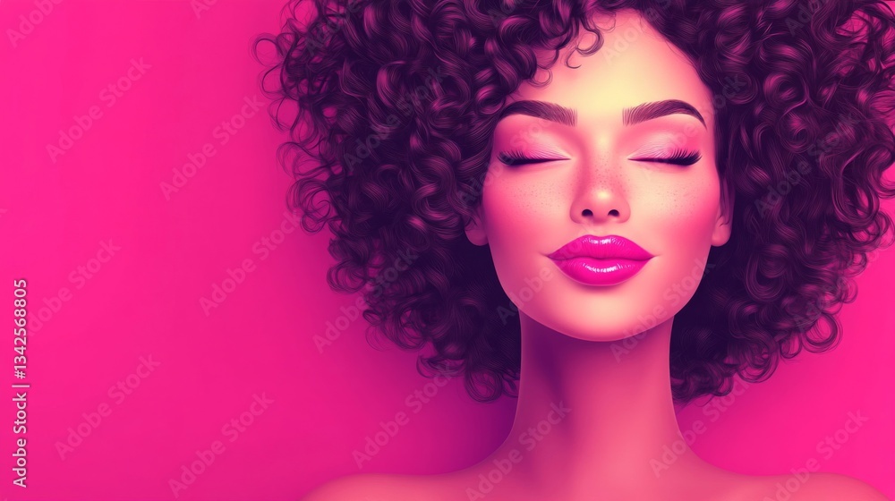 Obraz premium Serene Woman with Curly Hair and Makeup on Pink Background