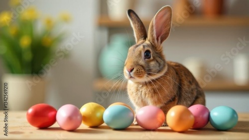 Wallpaper Mural fat curious cute funny Easter Bunny at home, Easter Rabbit with colorful Easter Eggs on table Torontodigital.ca