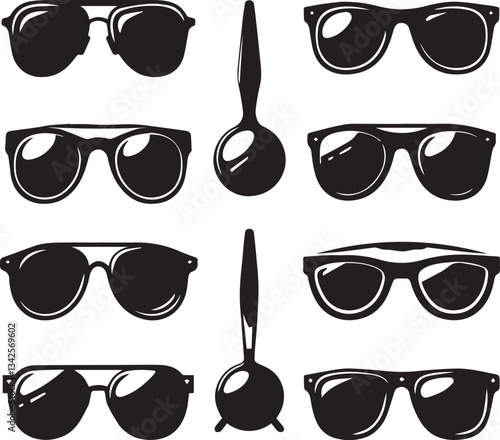 set of glasses vector, set of glasses vector illustration, glasses silhouette vector black and white