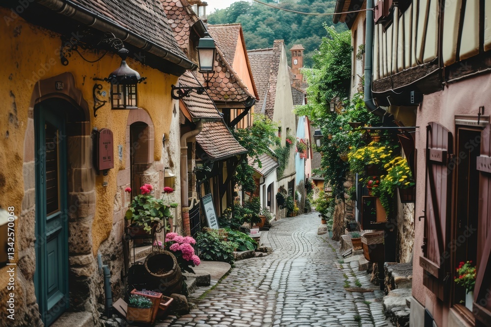 Charming cobblestone alley lined with rustic cafes and flower pots in a picturesque village under a blue sky Charming cobblestone alley lined with rustic cafes and flower pots in a picturesque village under a blue sky