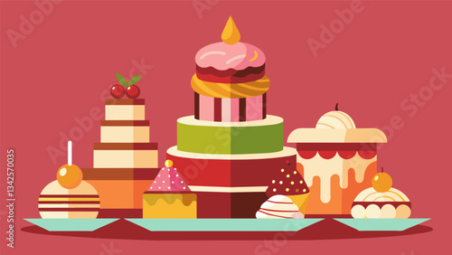 A tower of luscious pastries including macarons petit fours and profiteroles all beautifully decorated.. Vector illustration