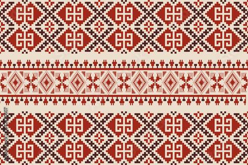 Fabric pattern traditional ethnic motif ikat geometric cross stitch.Ikat embroidery Ethnic oriental Pixel colorful background.Abstract,vector,illustration.Decoration,wallpaper,ethnic,cross stitch