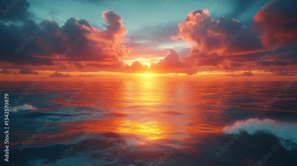 Fototapeta premium Fiery Sunset over the Ocean: A Breathtaking Seascape