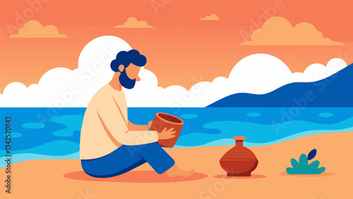 A man sits on a serene beach clay in hand as he watches the waves crash against the shore and finds inspiration in the natural beauty around him pouring it into his pottery. Vector illustration