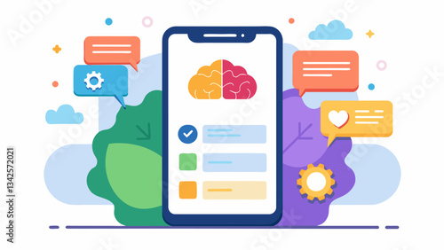 A cognitive behavioral therapy app that helps users identify and challenge negative thought patterns and replace them with more positive ones.. Vector illustration