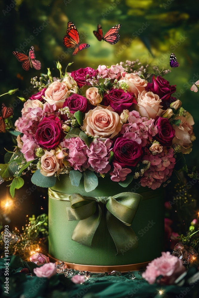 Fototapeta premium A bouquet of flowers in a green vase with a bow