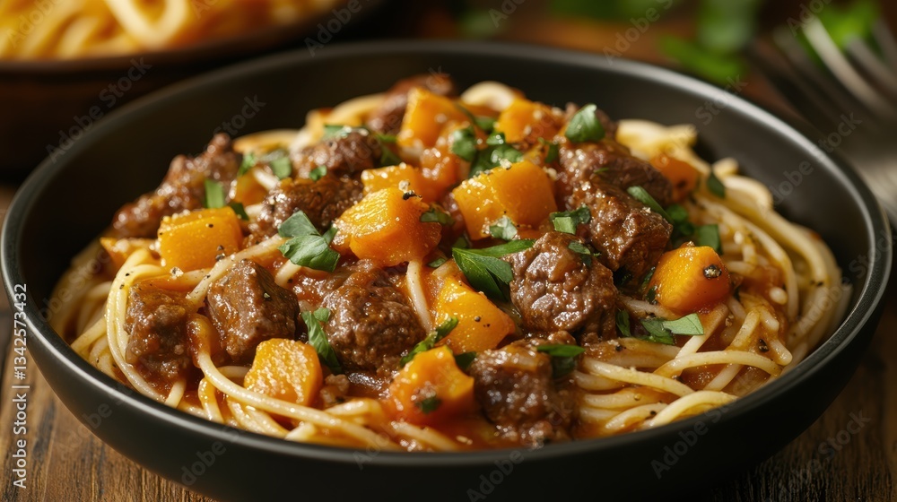 A symphony of autumnal flavors: vibrant orange pumpkin nestled among tender beef strips, simmered in a rich tomato sauce, all intertwined with delicate strands of spaghetti, a culinary masterpiece. A symphony of autumnal flavors: vibrant orange pumpkin nestled among tender beef strips, simmered in a rich tomato sauce, all intertwined with delicate strands of spaghetti, a culinary masterpiece.