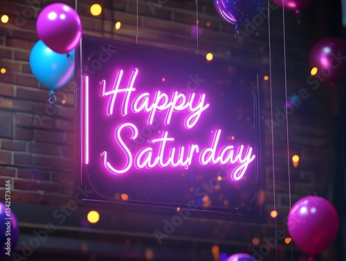 Happy Saturday Neon Sign with Party Balloons and Bokeh Lights