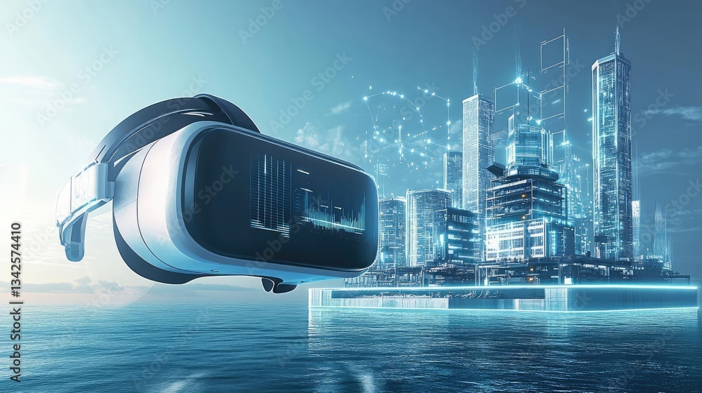 Fototapeta premium Virtual Reality Headset and Futuristic Cityscape at Sunset and Seascape with City Skyline at Night with Lights and Colors Blue Grey and White Abstract Digital Art Concept Illustration Graphics 3D