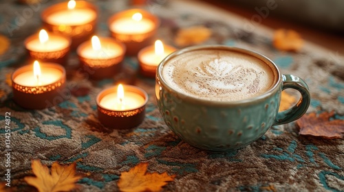 A cozy haven of autumn hues, a steaming mug of coffee nestled amongst warm candle flames, casting an inviting glow upon the scene.