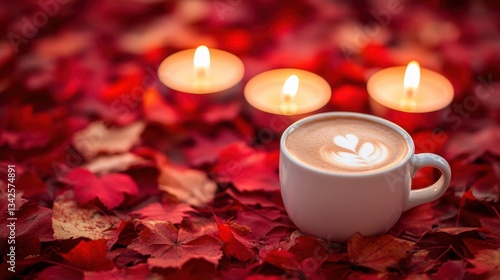 A cozy haven of autumn hues, a steaming mug of coffee nestled amongst warm candle flames, casting an inviting glow upon the scene.