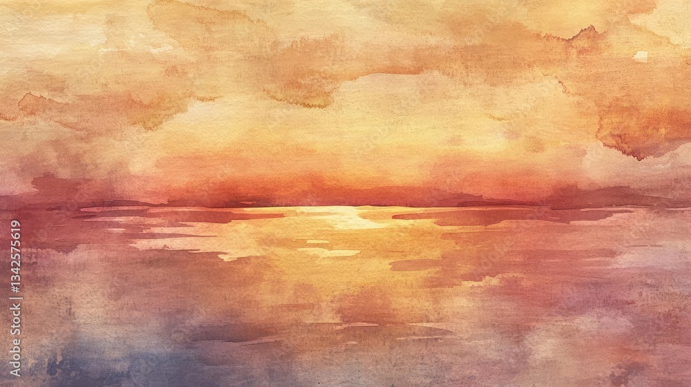 Naklejka premium Sunset Over Calm Ocean Watercolor Painting of a Calm Landscape Scene with Vivid Colors And Reflections Across a Peaceful Body of Water At Golden Hour During Twilight And Dawn Featuring Soft Hues in