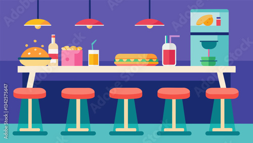 A stylish bar set up with colorful stools serving up trendy Instagramworthy brunch tails and delectable finger sandwiches.. Vector illustration