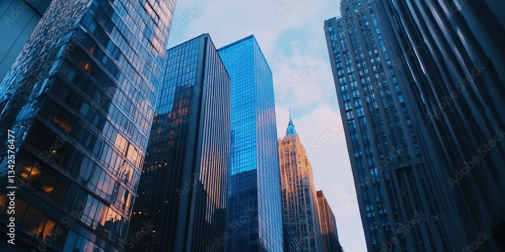 Impressive skyscrapers reaching towards the sky at a low angle Impressive skyscrapers reaching towards the sky at a low angle