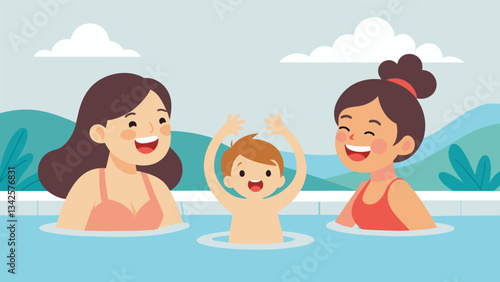A mother and her two children giggle as they splash around in a familyfriendly thermal pool delighting in the healing properties of the water.. Vector illustration