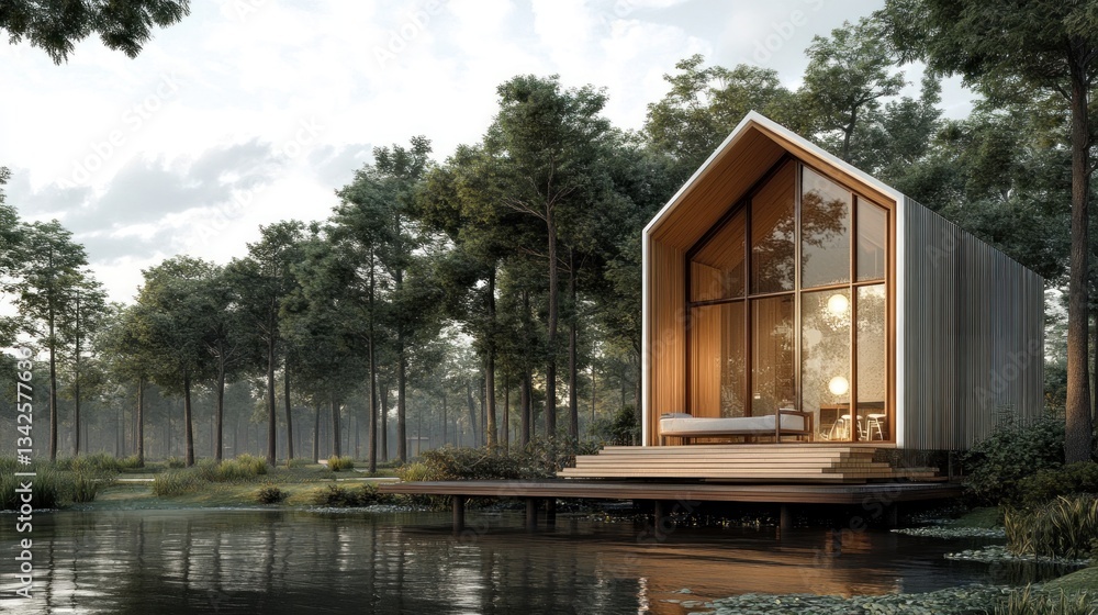 Fototapeta premium Modern cabin nestled by a serene lake, surrounded by trees. A tranquil escape