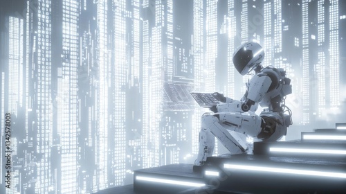 White Robot Considering Luminous Digital Cityscape At Nighttime Backgrounds Illustration Concept Art Rendering Illustration Fantasy Perspective Art Digital Cityscape Illustration Futuristic Robot Art