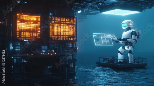 White Robot Examining Digital Data on a Floating Platform in a Futuristic Dark Environment