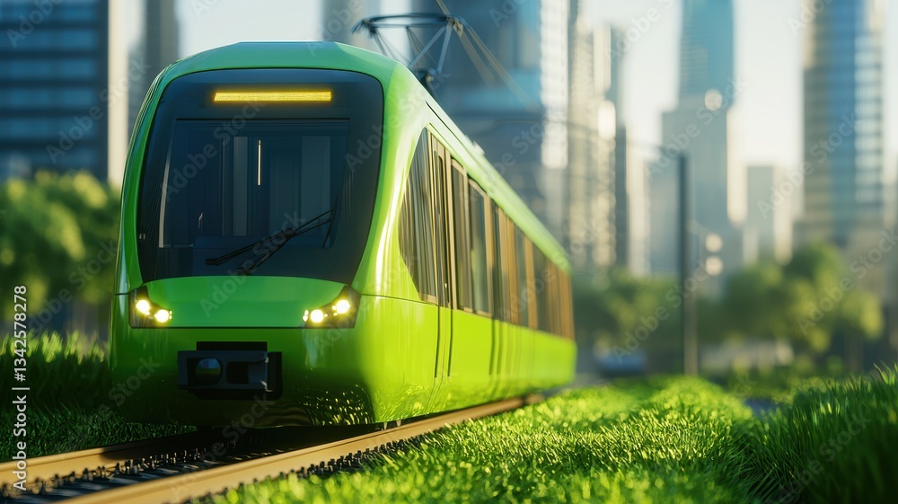 Naklejka premium Modern Green Electric Train on Rails Approaching Cityscape Eco Friendly Transportation