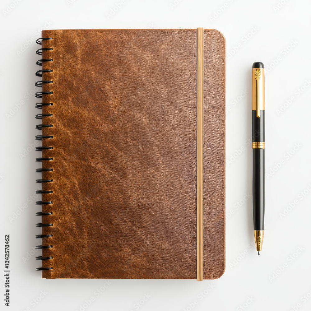 leather covered notebook with pen on white surface leather covered notebook with pen on white surface