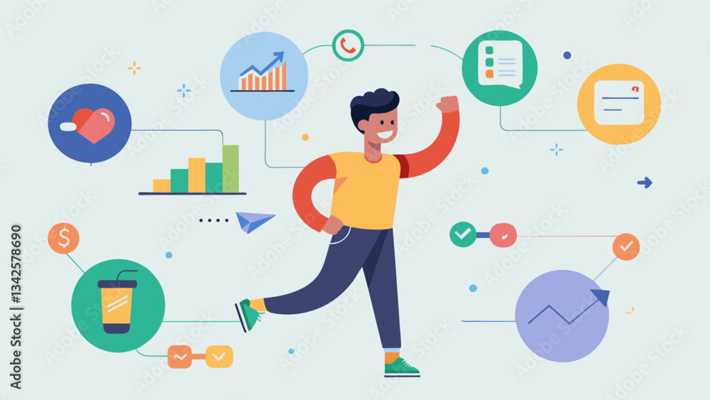 An artisticallydesigned infographic displays a users wellness journey highlighting their milestones and trends in their fitness data.. Vector illustration An artisticallydesigned infographic displays a users wellness journey highlighting their milestones and trends in their fitness data.. Vector illustration